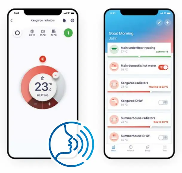 Zwei Smartphone-Bildschirme zeigen eine Heizungssteuerungs-App. Die Daikin-App zeigt Einstellungen für Heizkörper und Warmwasser. Benutzer kann Temperaturen anpassen und Tagespläne verwalten.